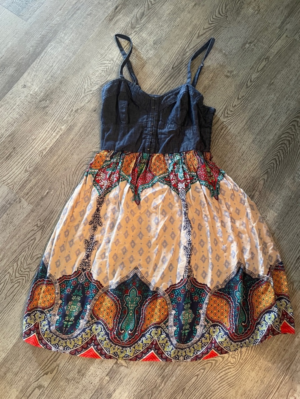 Xhilaration Navy Blue Bustier Midi Dress with Multicolor Paisley Skirt